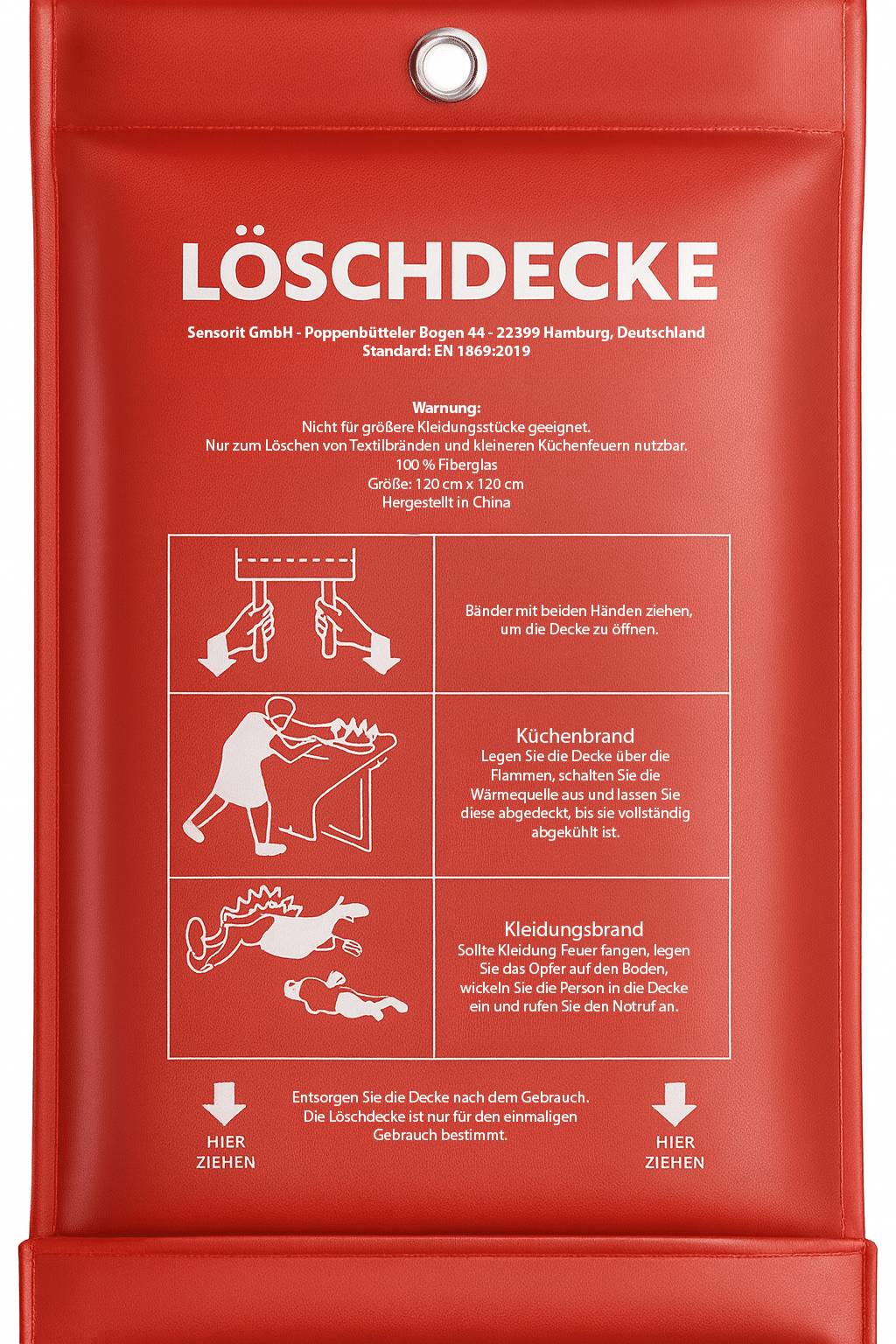 Löschdecke 120 x 120 cm, Feuerlöschdecke Brandschutzdecke Küche Fettbrände Auto Kamin uvm.