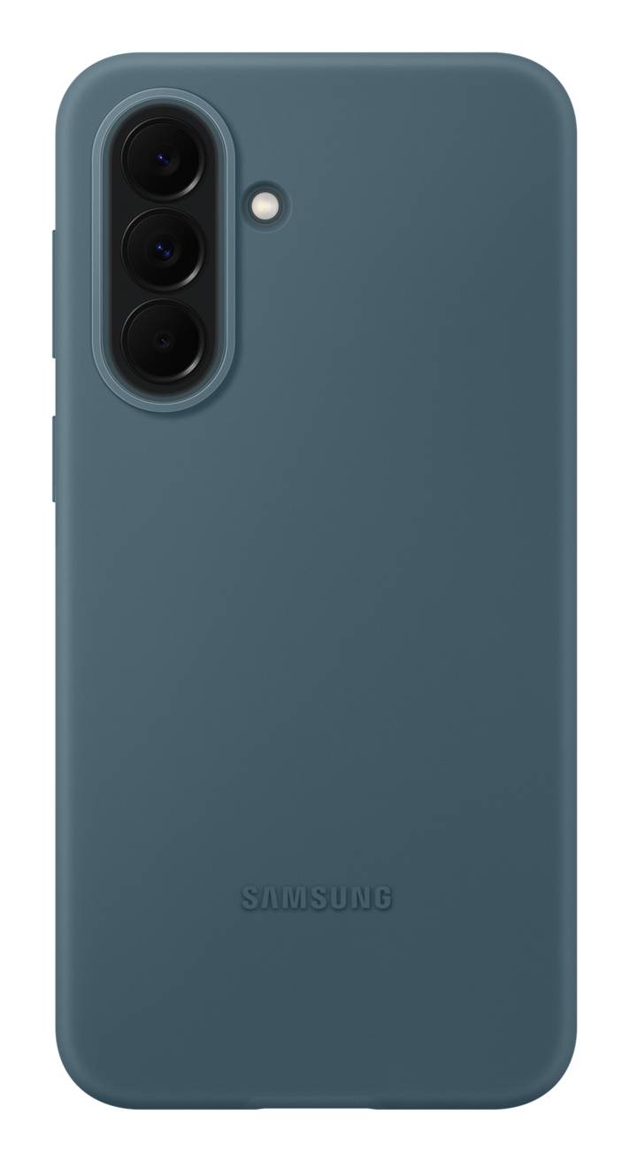 Blaue Samsung-Smartphone-Hülle von hinten mit dreifachem Kameraausschnitt und Blitzöffnung.