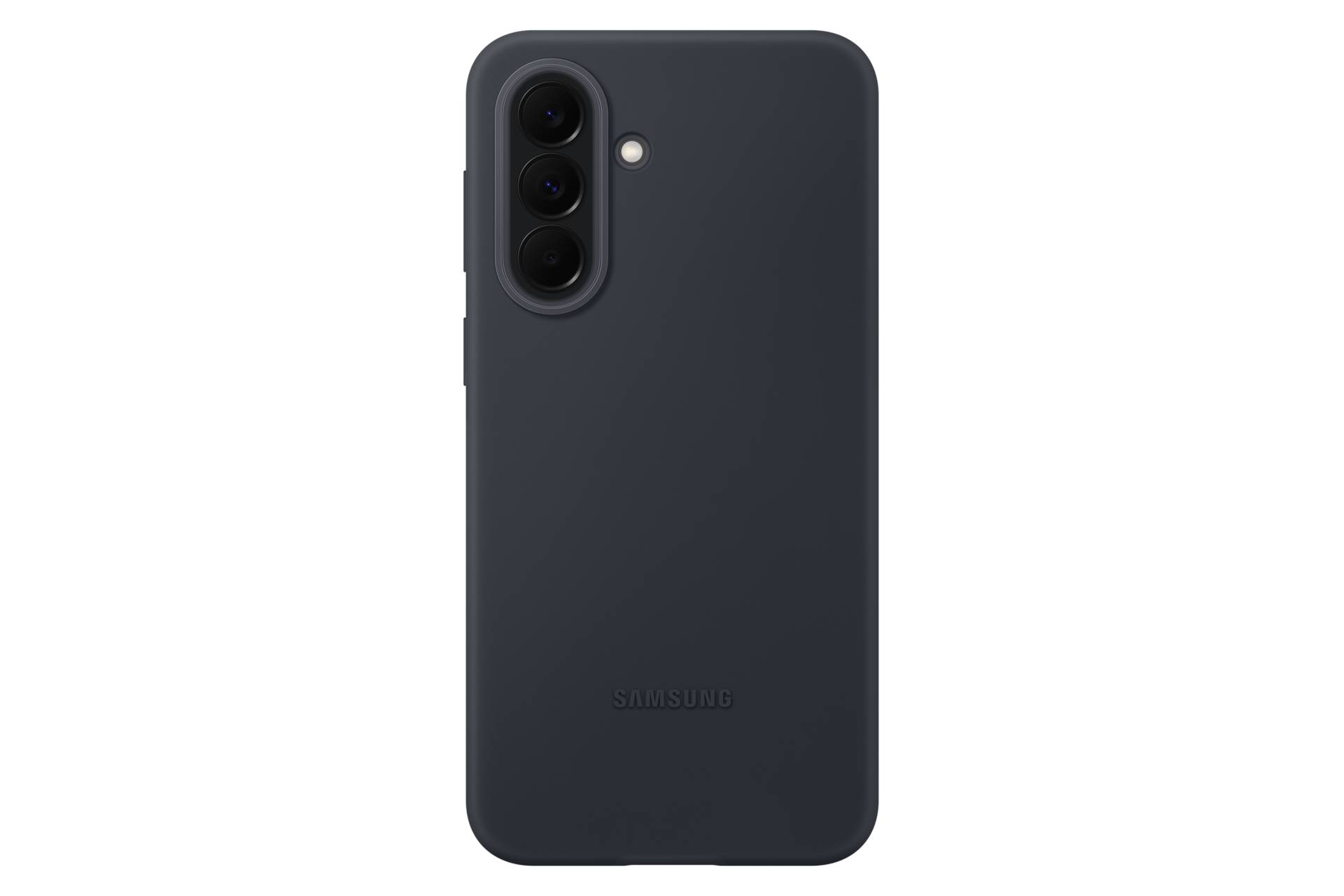 Rückansicht eines dunkelgrauen Samsung-Smartphones mit dreifacher Rückkamera und Blitz.