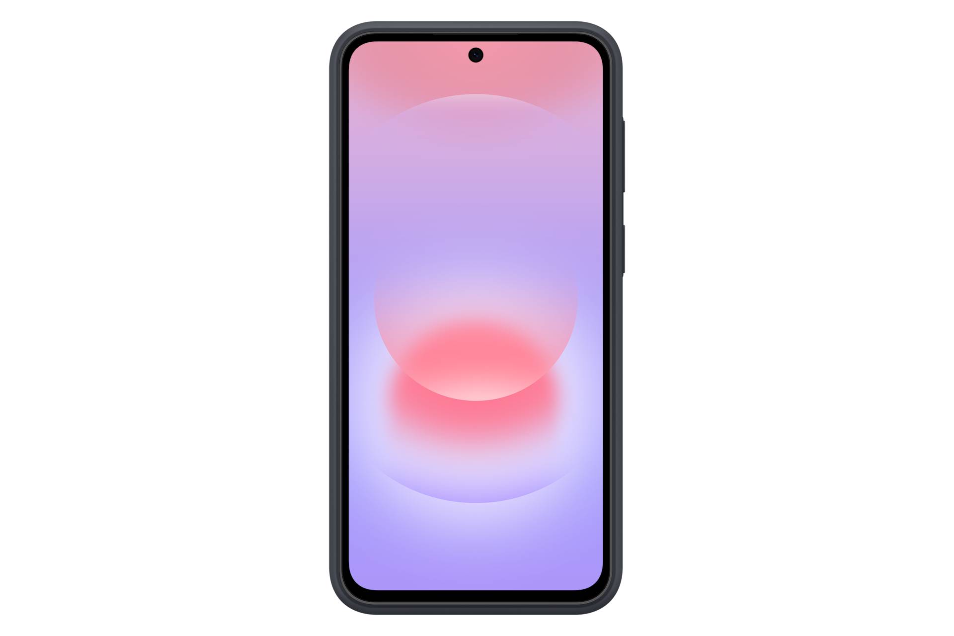 Vorderansicht eines modernen Smartphones mit schwarzem Rahmen und zentrierter Lochkamera, die einen rosa und lila abstrakten Farbverlauf auf dem Bildschirm zeigt.