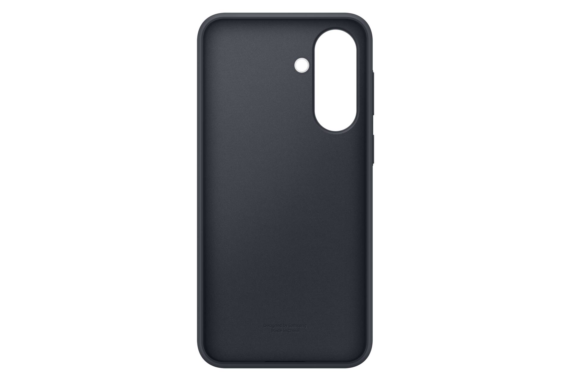 Schwarze Smartphone-Hülle von hinten abgebildet, mit einem vertikalen Dual-Kamera-Ausschnitt und einer kleinen kreisförmigen Öffnung in der Nähe der Oberseite.