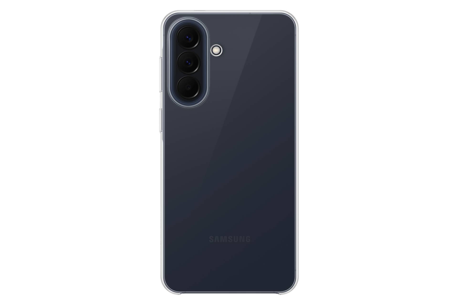 Rückansicht eines dunklen Samsung-Smartphones mit Dreifach-Kameramodul und Blitz auf schwarzem Hintergrund.