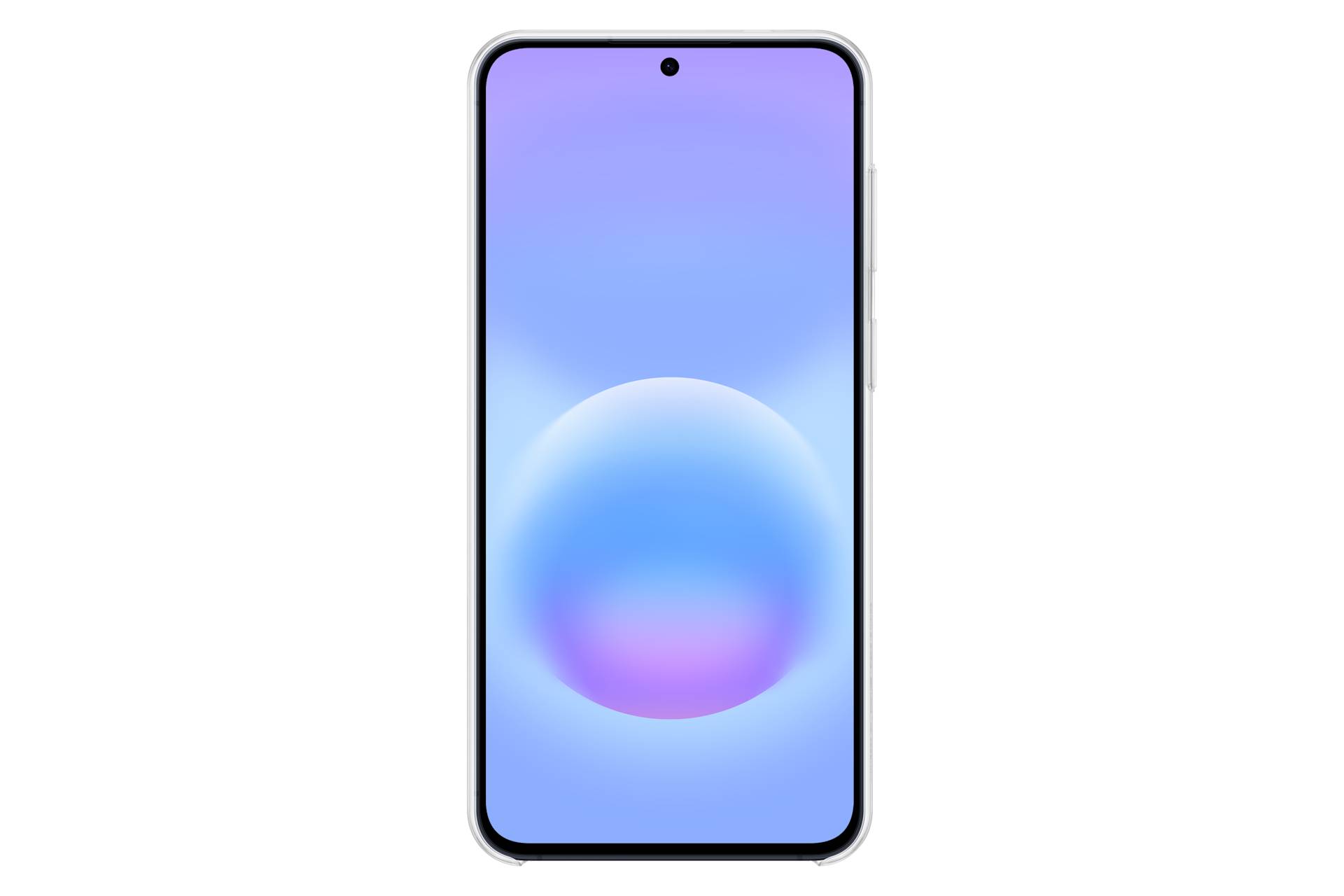 Vorderansicht eines Smartphones mit einem purpur-blauen Farbverlauf auf dem Bildschirm und zentriertem kreisförmigen Hintergrundbild auf schwarzem Hintergrund.