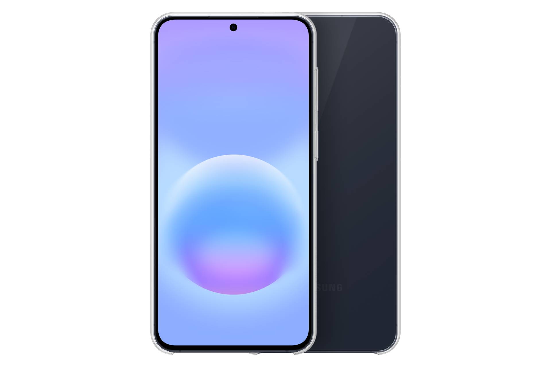 Vorder- und Rückseite eines dunkelgrauen Smartphones mit zentriertem Lochkamera-Display, dargestellt auf schwarzem Hintergrund.