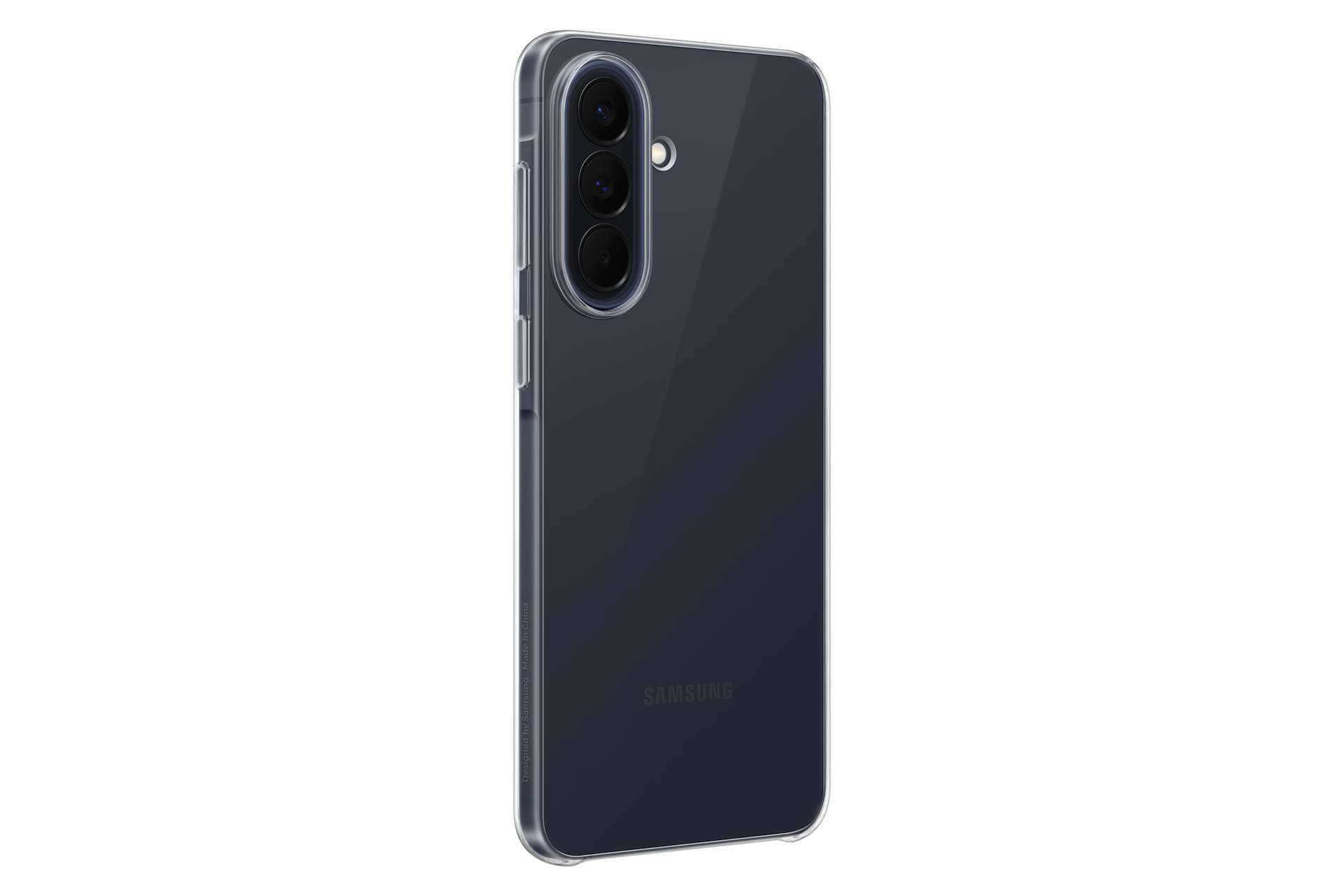 Rückseite eines dunkelgrauen Samsung-Smartphones mit dreifacher Rückfahrkamera und Blitz, gezeigt auf schwarzem Hintergrund.