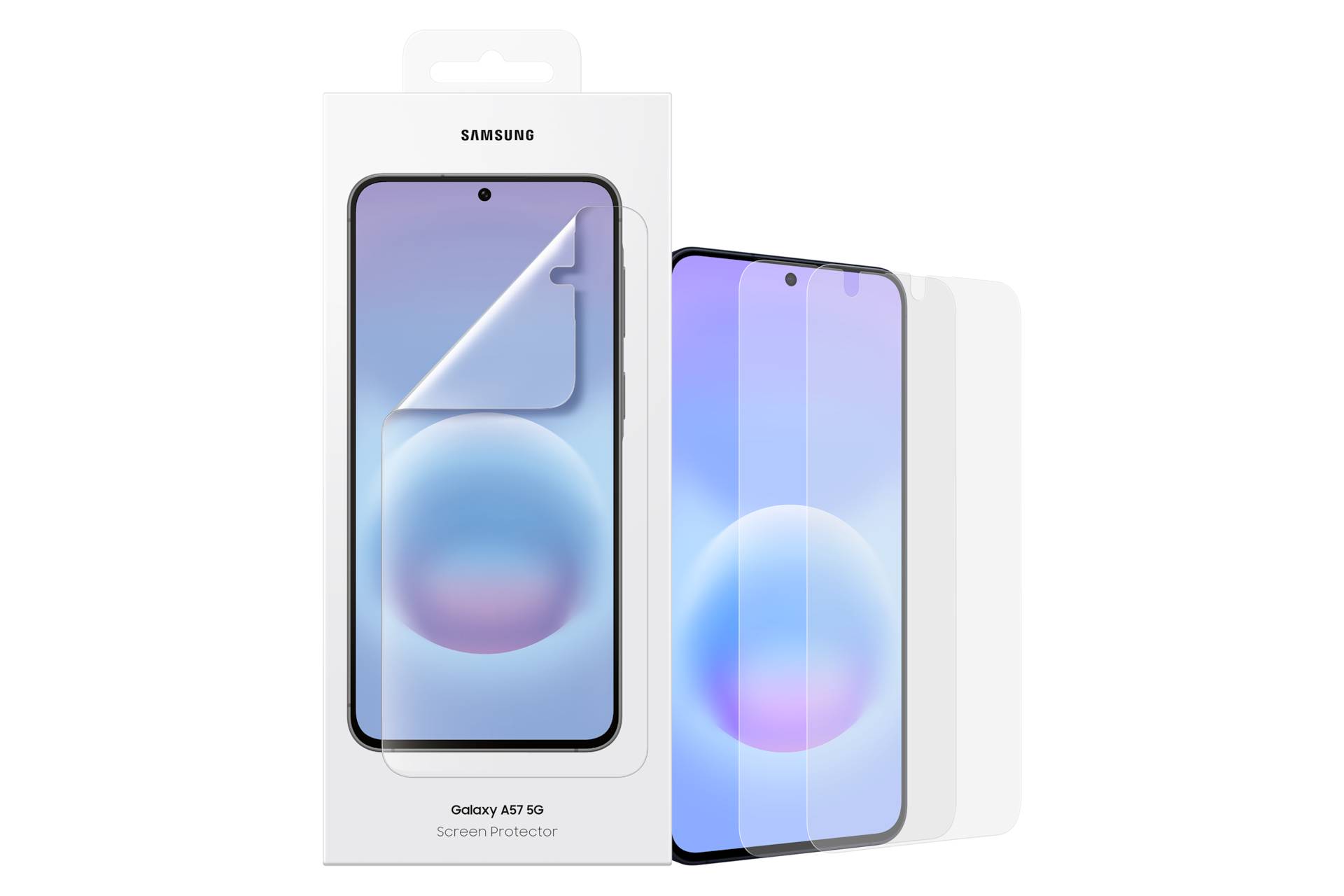 Samsung Galaxy A57 5G Displayschutzfolie Verpackung mit drei Schutzvorkehrungen, einschließlich einer auf einem Telefondisplay installierten.