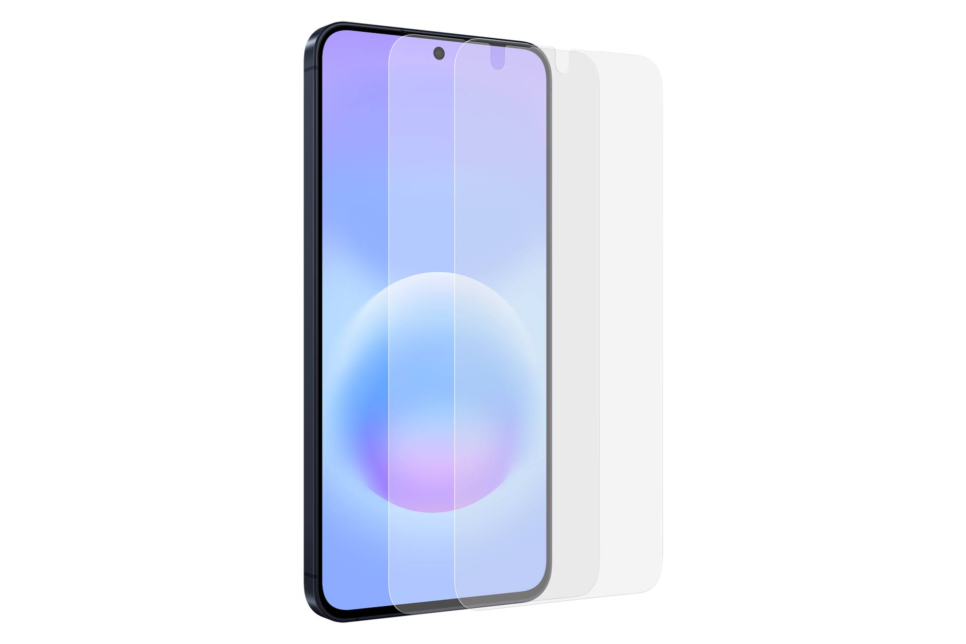 Vorderansicht eines Smartphones mit überlappenden transparenten Displayschutzfolien oder Glaspanelen, die vor schwarzem Hintergrund angezeigt werden.