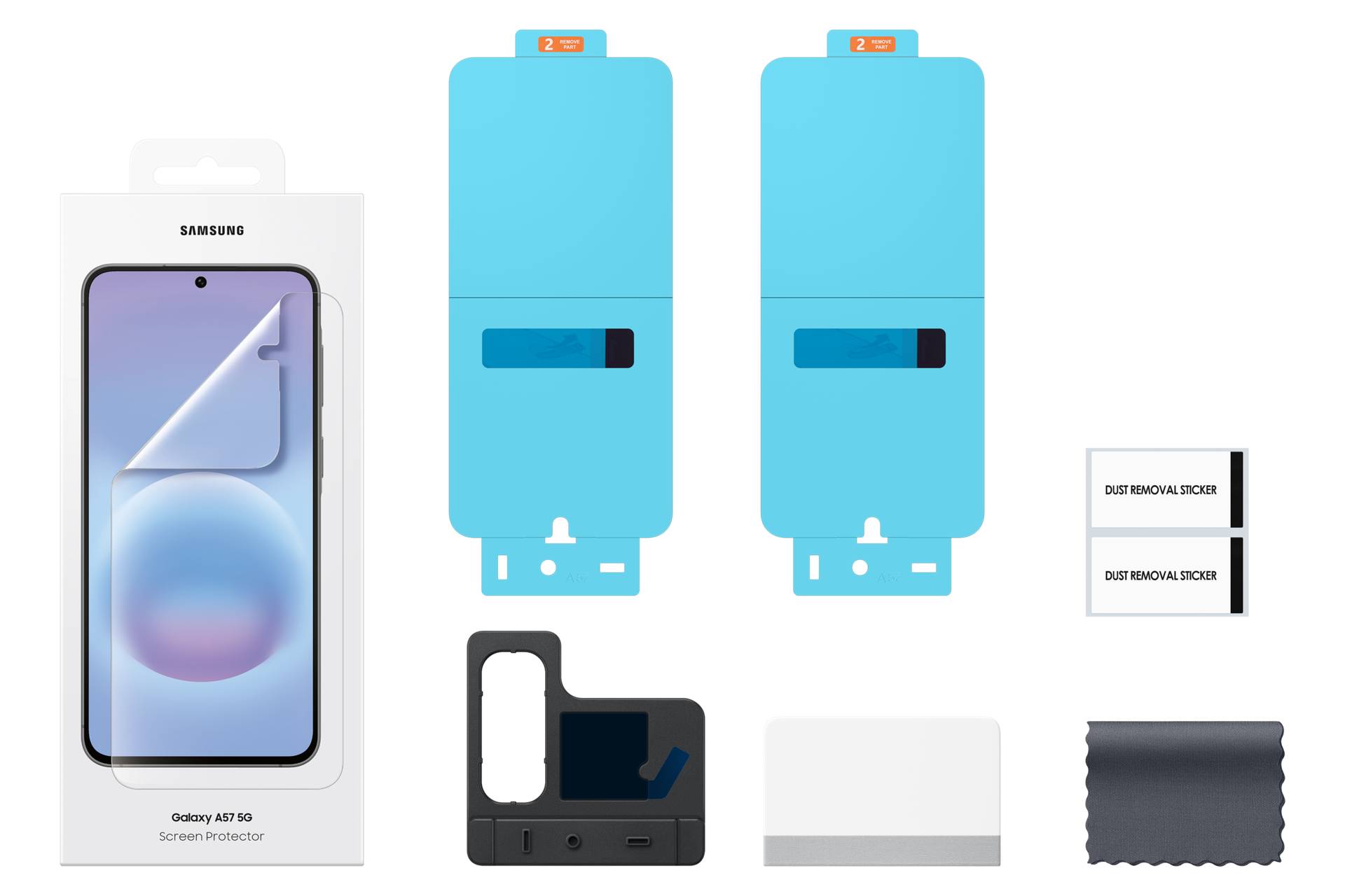 Samsung Galaxy A57 5G Displayschutzfolien-Set mit zwei blauen Ausrichtungswerkzeugen, Reinigungszubehör und einem Ersatz-Staubentferner-Aufkleber auf schwarzem Hintergrund.