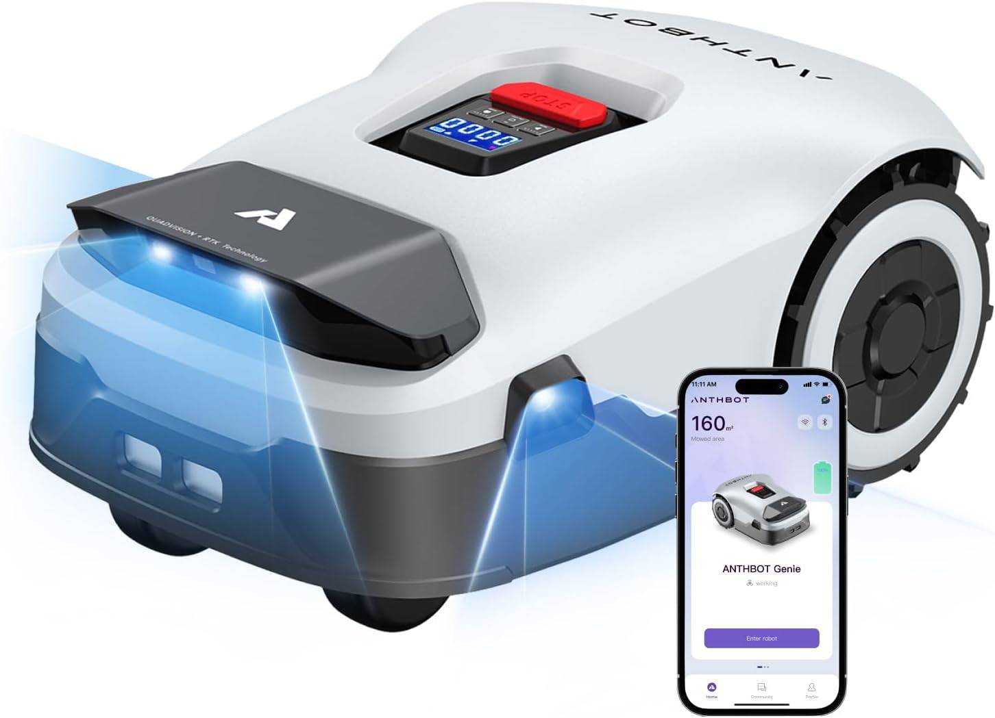 Redkey Genie 800 Mähroboter ohne Begrenzungskabel, Empf. 800 m², Max. 1500 m², Rasenmäher Roboter mit RTK+4-Kamera Vision, Präzise Navigation, KI