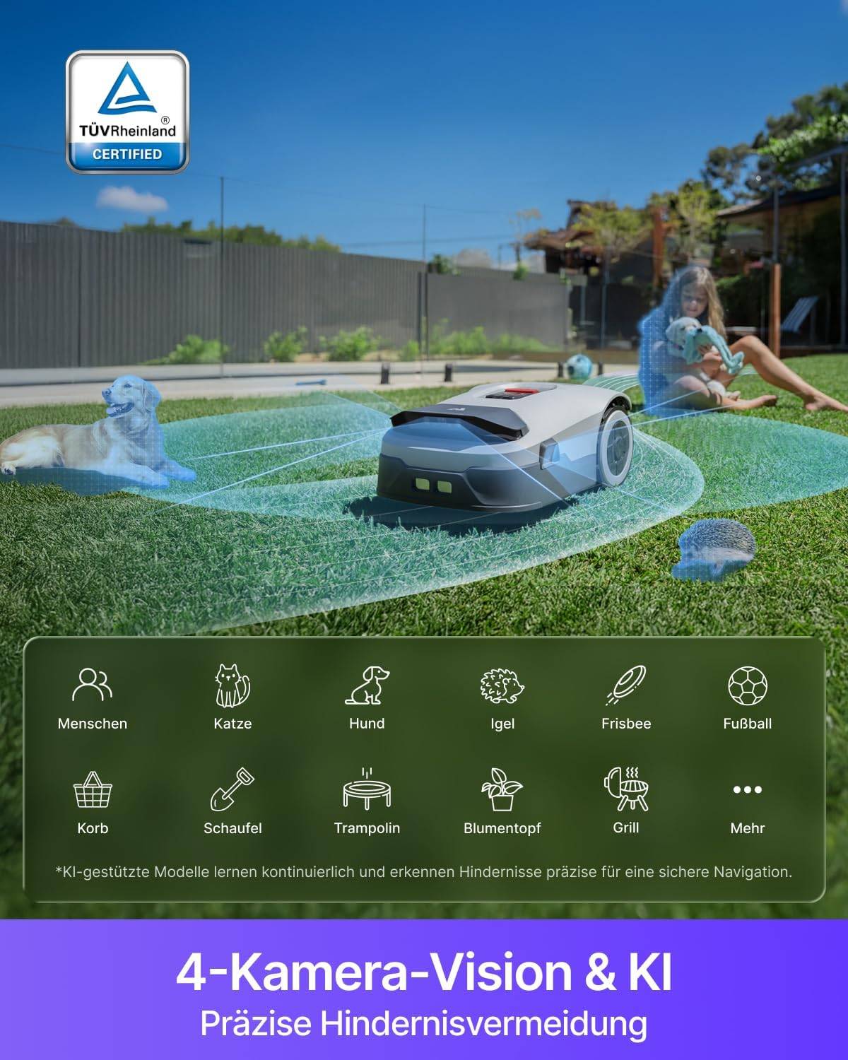 Redkey Genie 800 Mähroboter ohne Begrenzungskabel, Empf. 800 m², Max. 1500 m², Rasenmäher Roboter mit RTK+4-Kamera Vision, Präzise Navigation, KI
