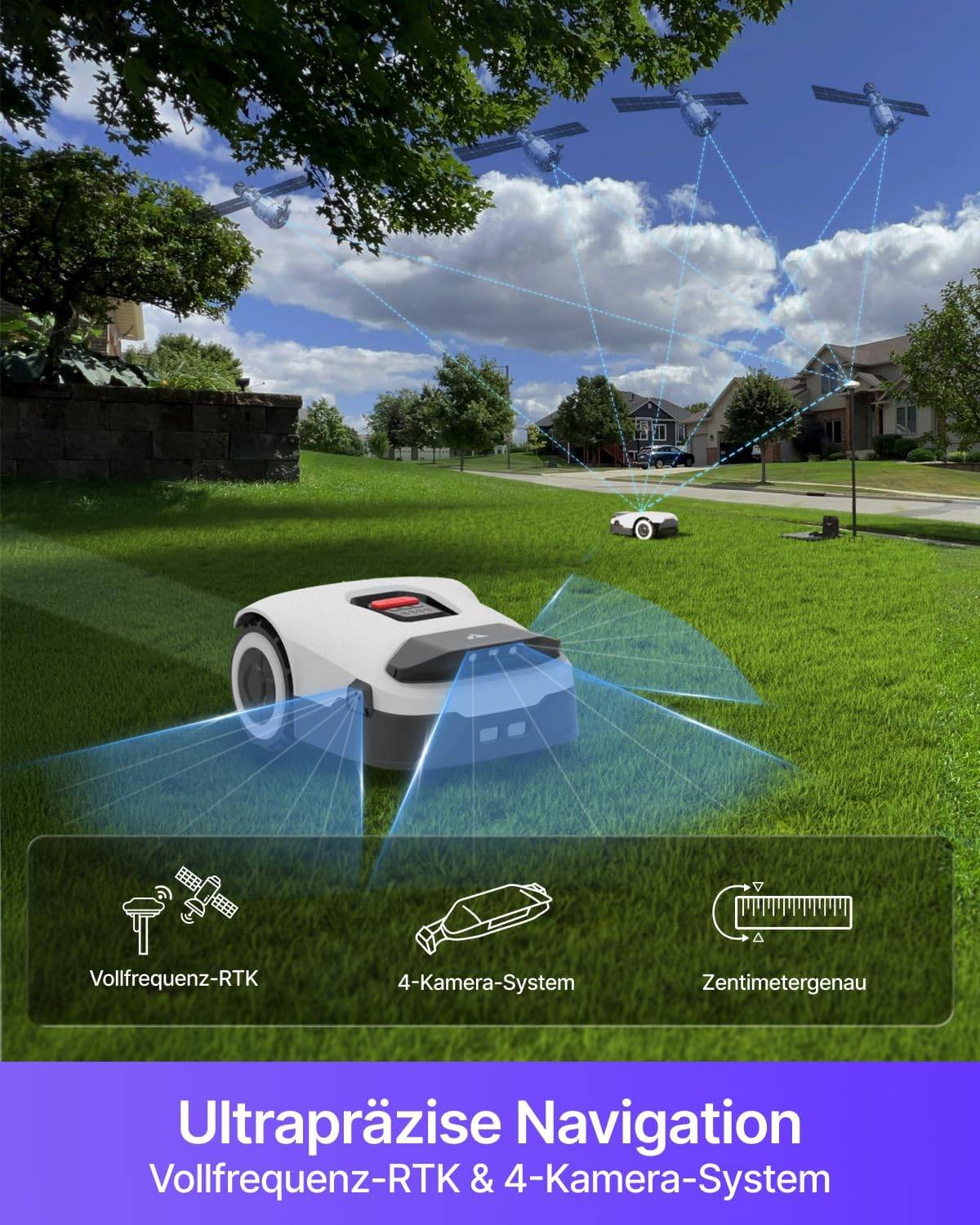 Redkey Genie 800 Mähroboter ohne Begrenzungskabel, Empf. 800 m², Max. 1500 m², Rasenmäher Roboter mit RTK+4-Kamera Vision, Präzise Navigation, KI