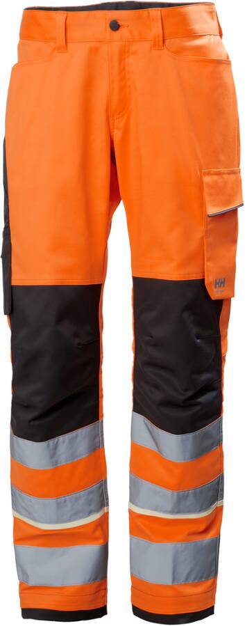 Hochsichtbare orange Arbeitshosen mit schwarzen Knien und reflektierenden grau-orangen Streifen, Vorderansicht.