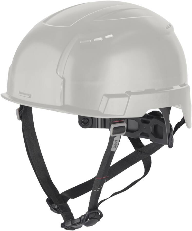 Weißer Schutzhelm mit schwarzen verstellbaren Kinnriemen und innerer Aufhängung, auf neutralem Hintergrund dargestellt.