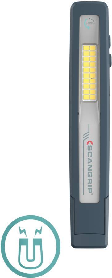 Tragbare LED-Arbeitsleuchte mit integriertem Magnetfuß und Aufhängehaken, vertikal dargestellt mit SCANGRIP-Branding.