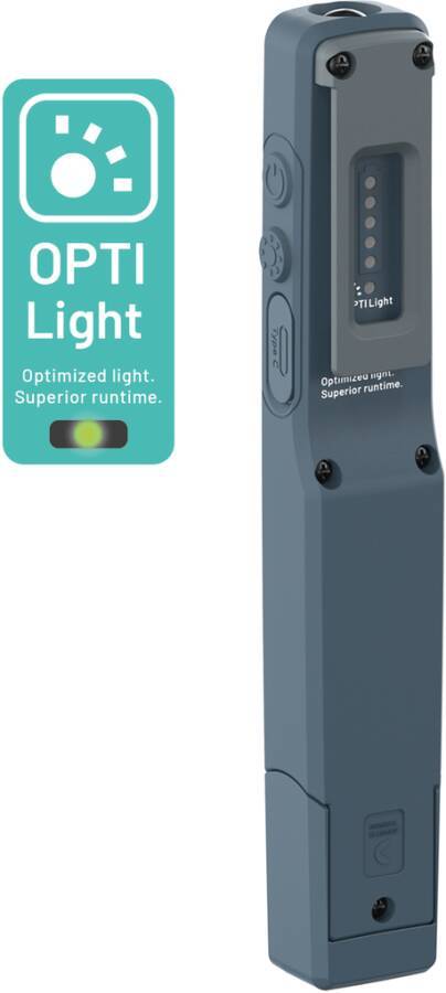 Produktbild eines grauen tragbaren Opti Light-Geräts mit einem vorderen Leuchtfenster und Tasten, dargestellt neben einem Etikett mit der Aufschrift „OPTI Light