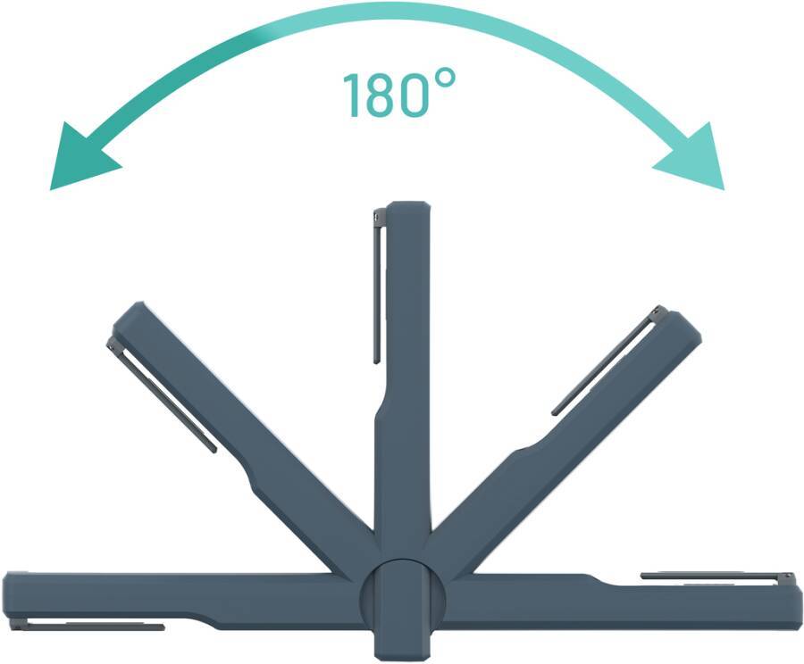 Diagramm einer klappbaren Halterung oder eines Ständers, der sich 180 Grad öffnet, mit fünf verstellbaren Armen, die sich von einem zentralen Scharnier ausbreiten.