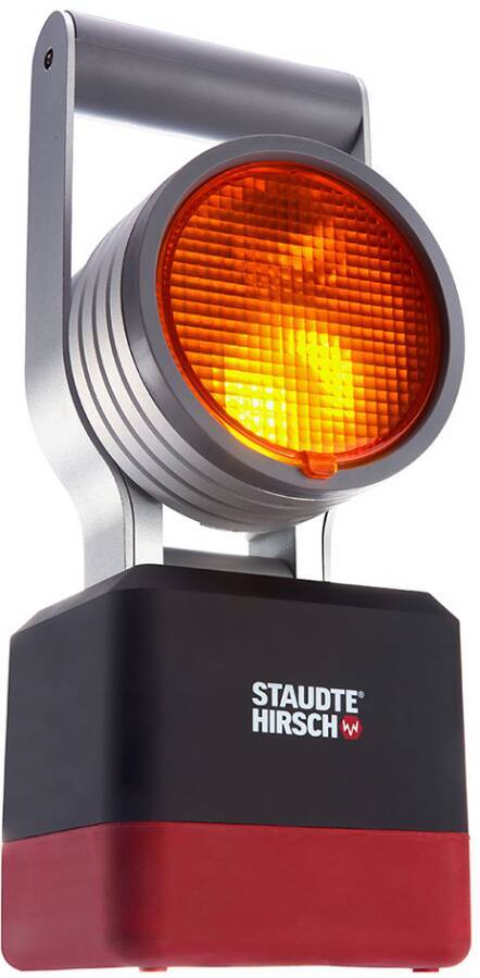 Ein an der Wand montiertes industrielles Warnlicht mit einer orange leuchtenden Linse und dem Logo „STAUDTE HIRSCH