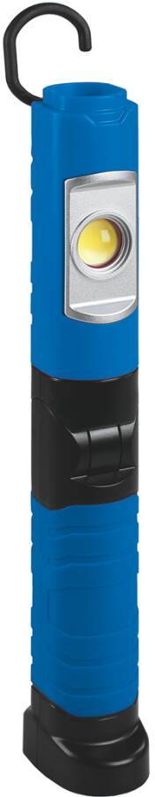 Blauhandgehaltene Taschenlampe/Arbeitsleuchte mit einem Haken oben und einer gelben LED-Linse, aufrecht auf einer schwarzen Basis stehend.