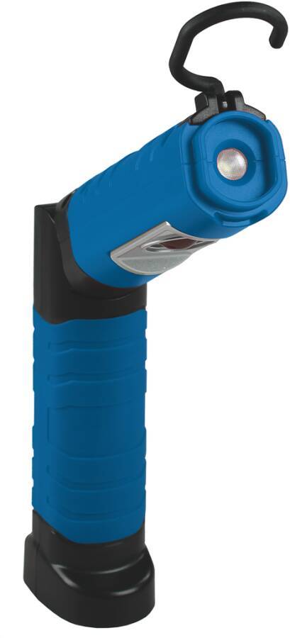 Tragbare blaue LED-Arbeitsleuchte mit schwarzer Basis und Haken, aufrecht auf weißem Hintergrund stehend.