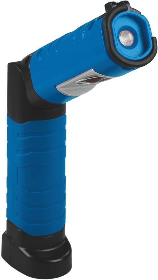 Blaue tragbare Taschenlampe mit rechtwinkliger Form, schwarzer Basis und kreisförmiger Frontlinse, isoliert auf weißem Hintergrund.
