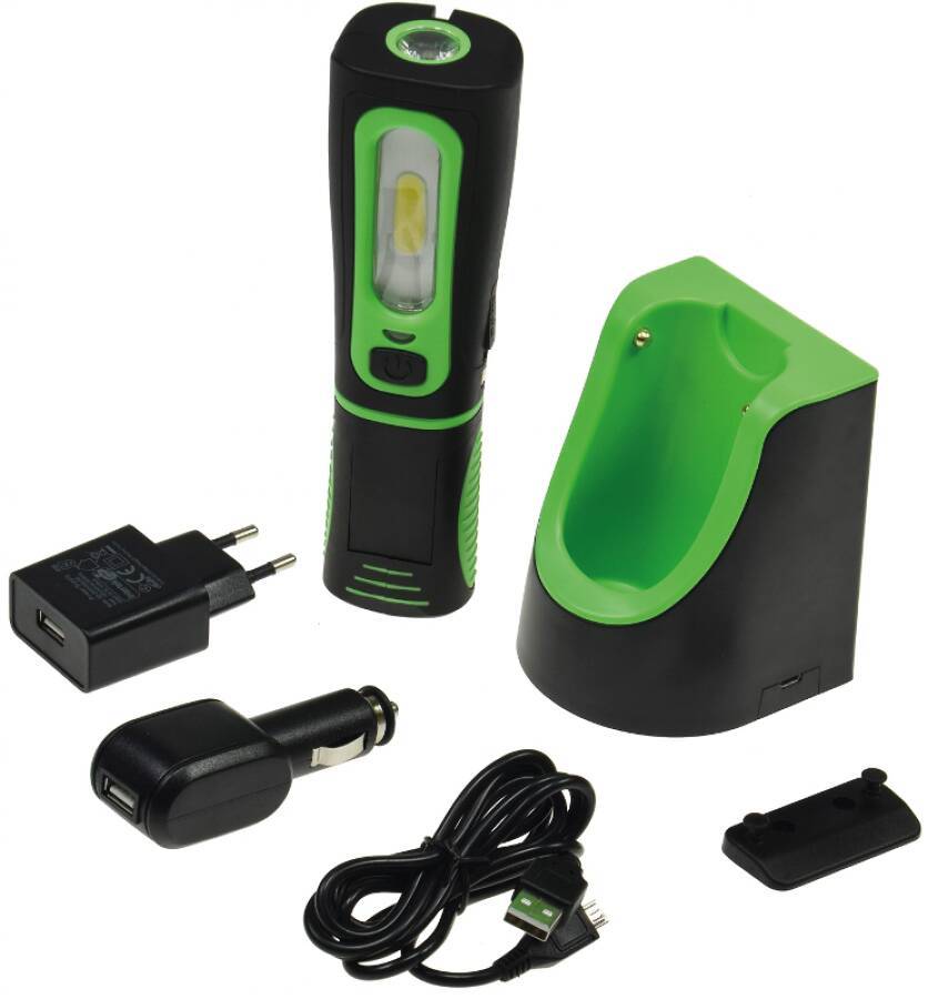COB-LED-Akku-Arbeitsleuchte Flexi 22149 Typ FlexiLED+ Lieferumfang 230 V-Netzteil und 12 V Ladegerät, Ladeschale zur Tis