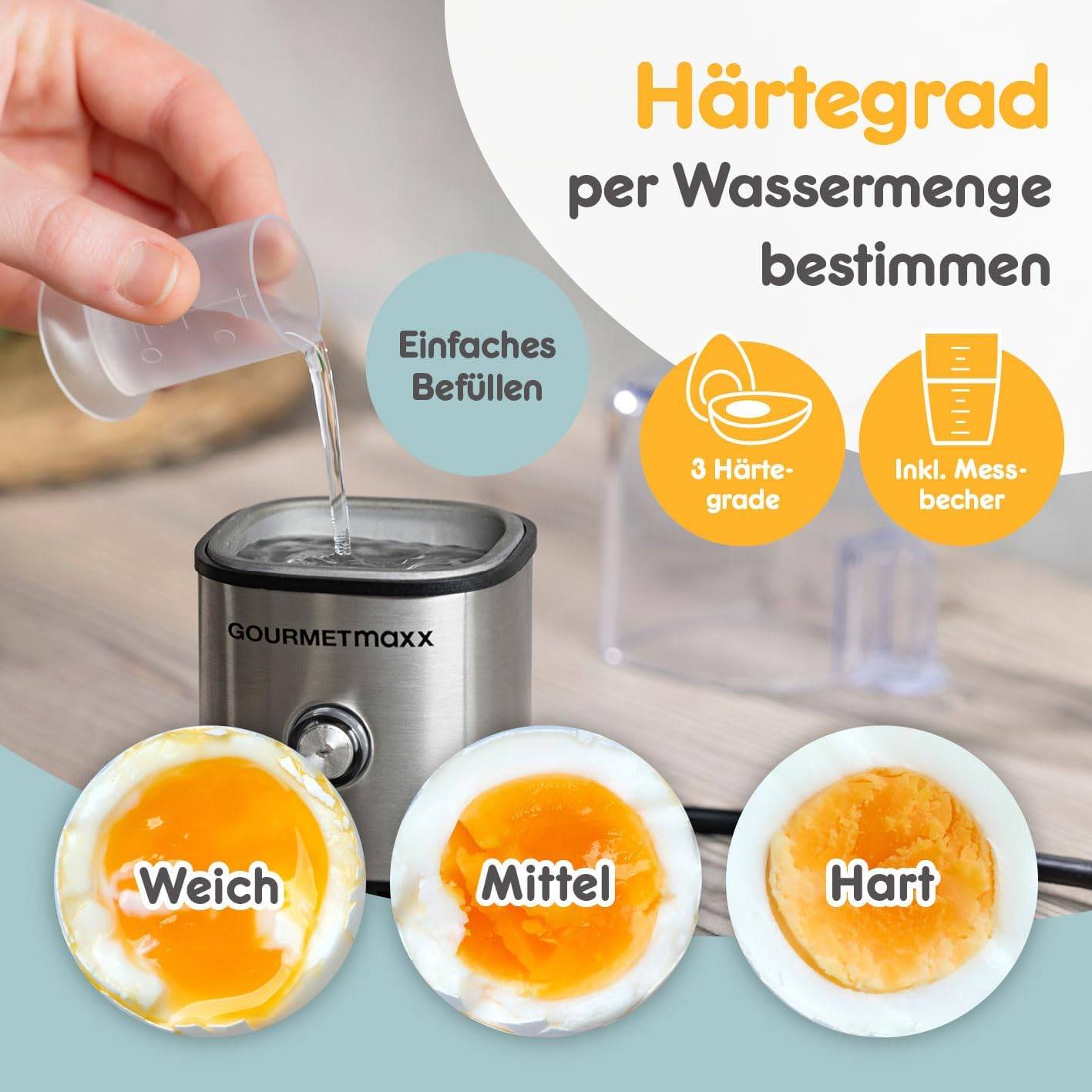 GOURMETmaxx Design Eierkocher für 1 Ei 3 Härtegrade