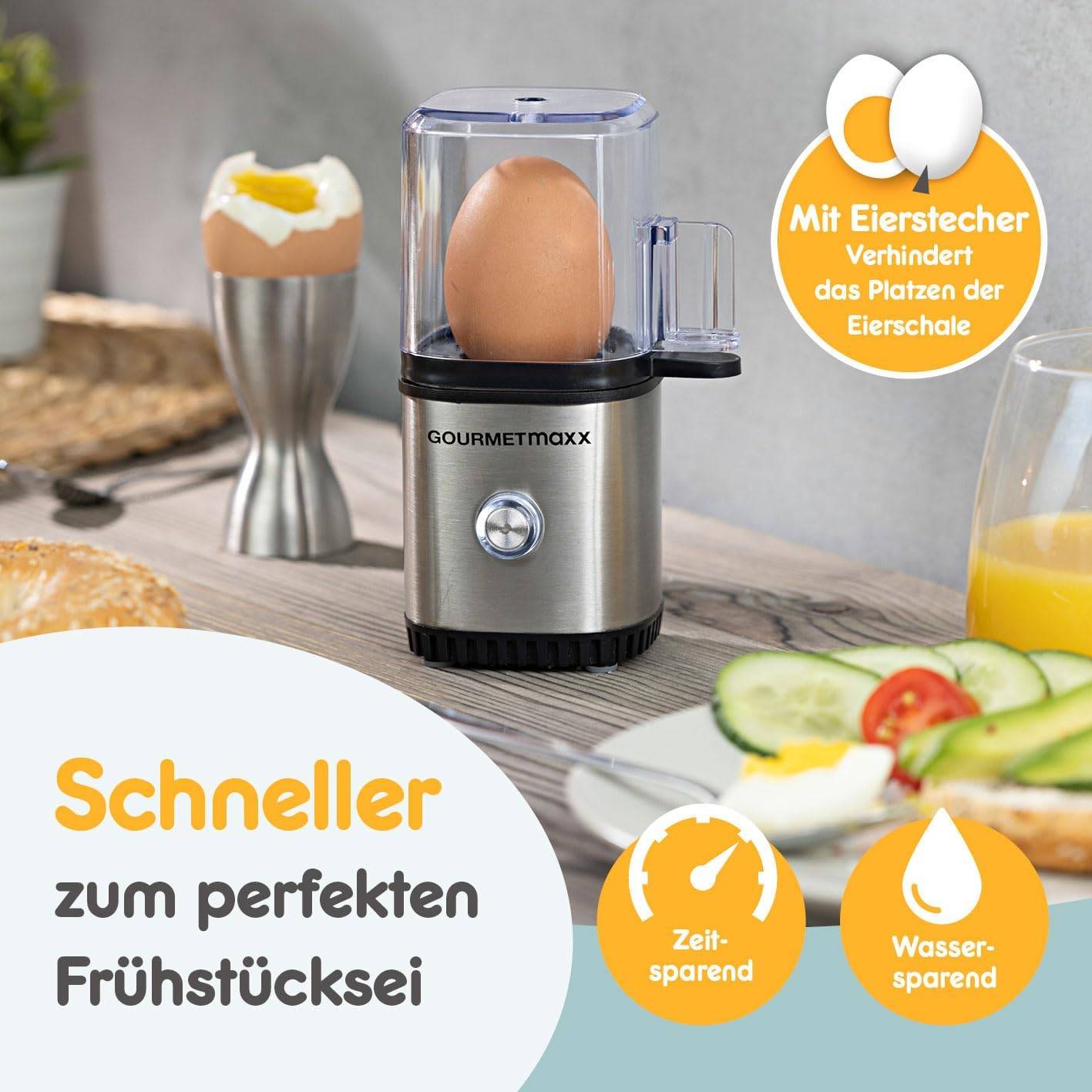 GOURMETmaxx Design Eierkocher für 1 Ei 3 Härtegrade