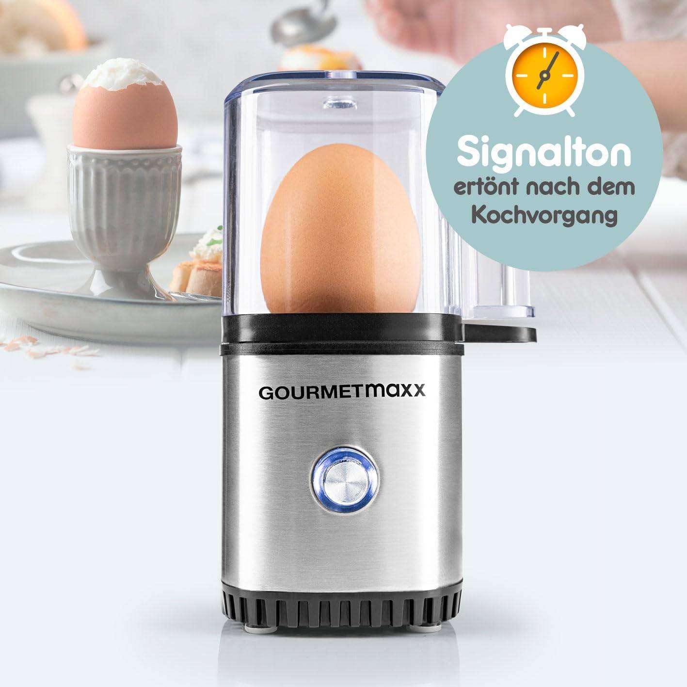 GOURMETmaxx Design Eierkocher für 1 Ei 3 Härtegrade