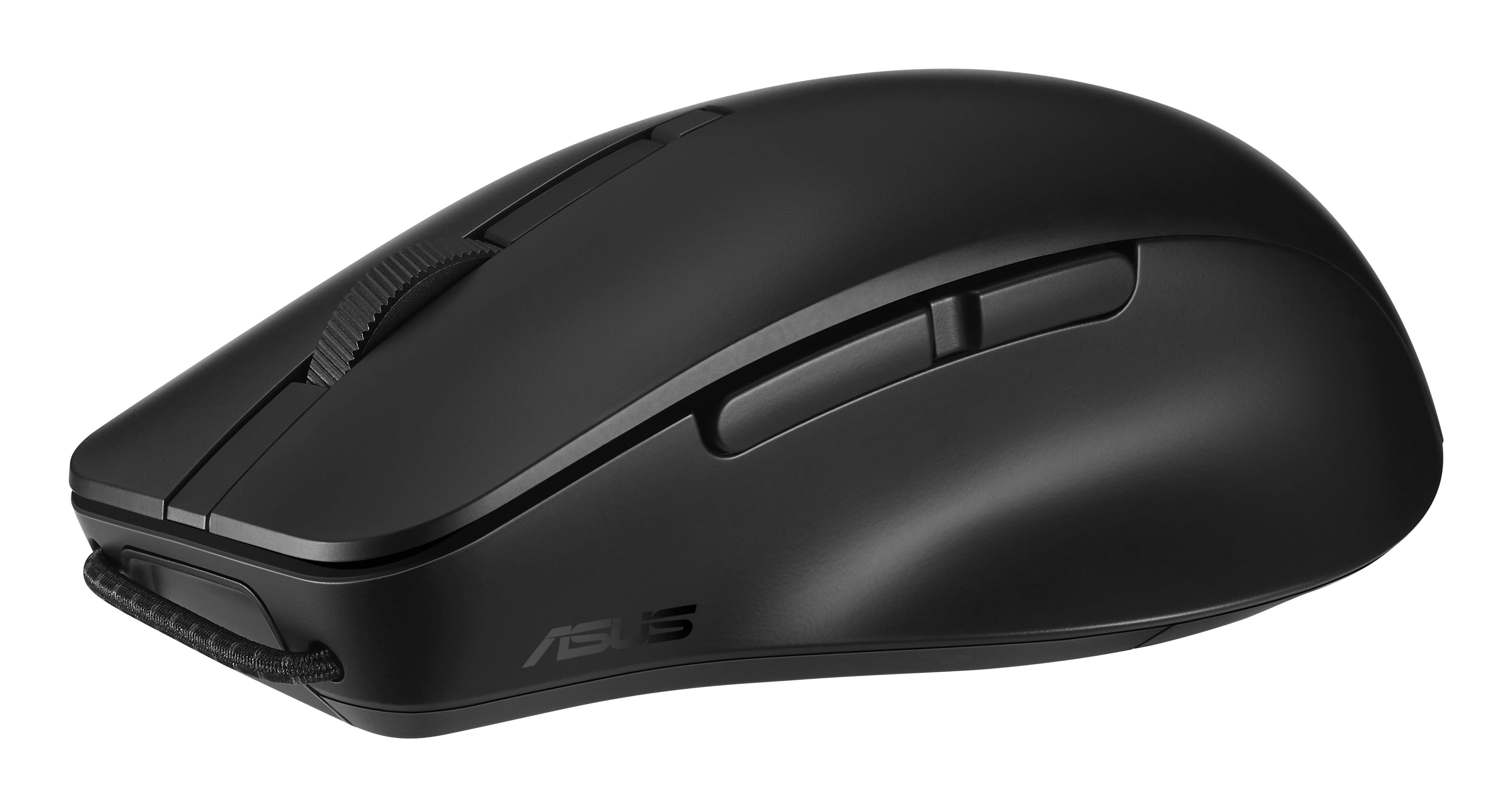 Schwarze kabellose ASUS-Computermaus in Seitenansicht auf weißem Hintergrund.