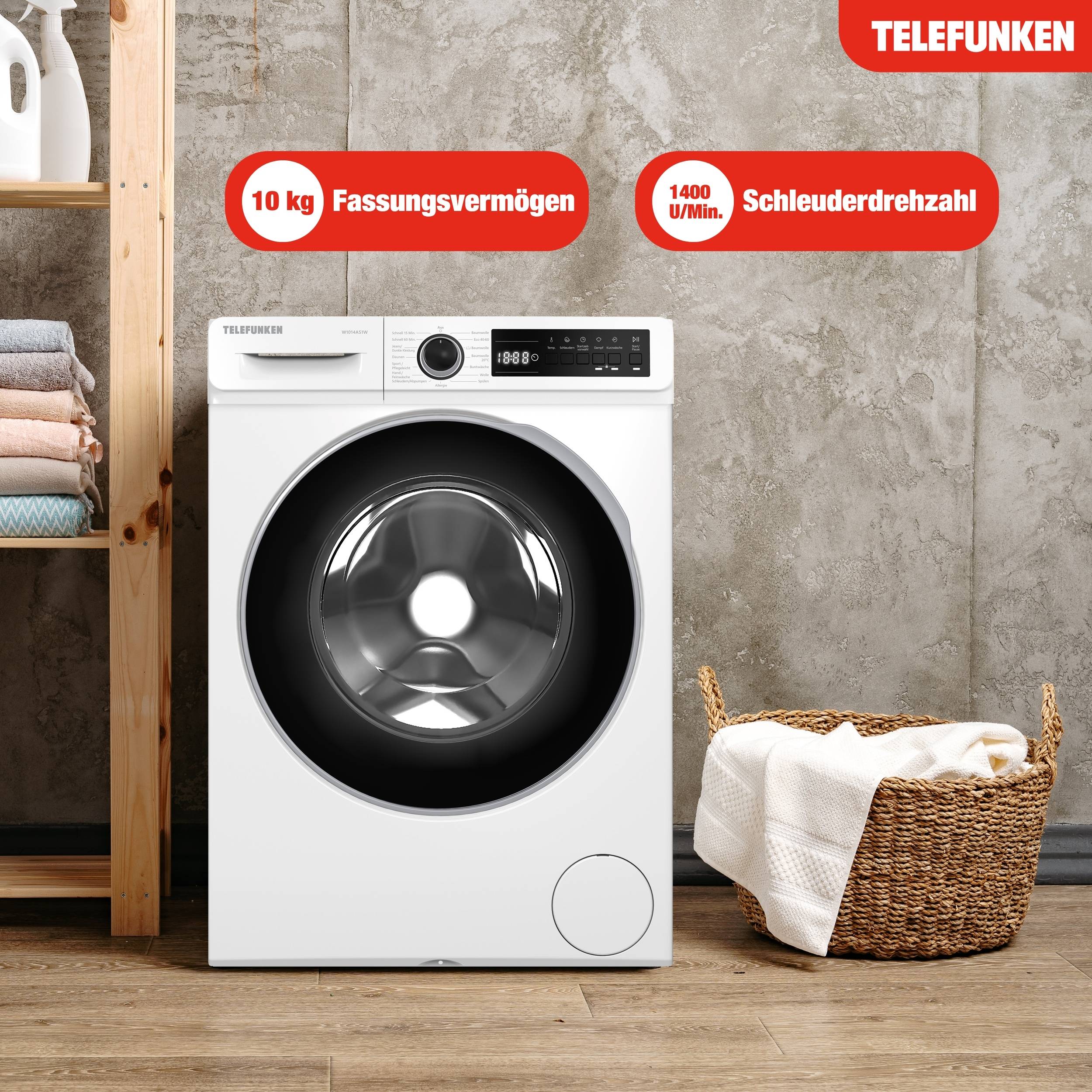 Telefunken Waschmaschine 10kg | Frontlader 1400 U/Min. | Dampffunktion | Inverter Motor | AquaStop | W1014AS1W