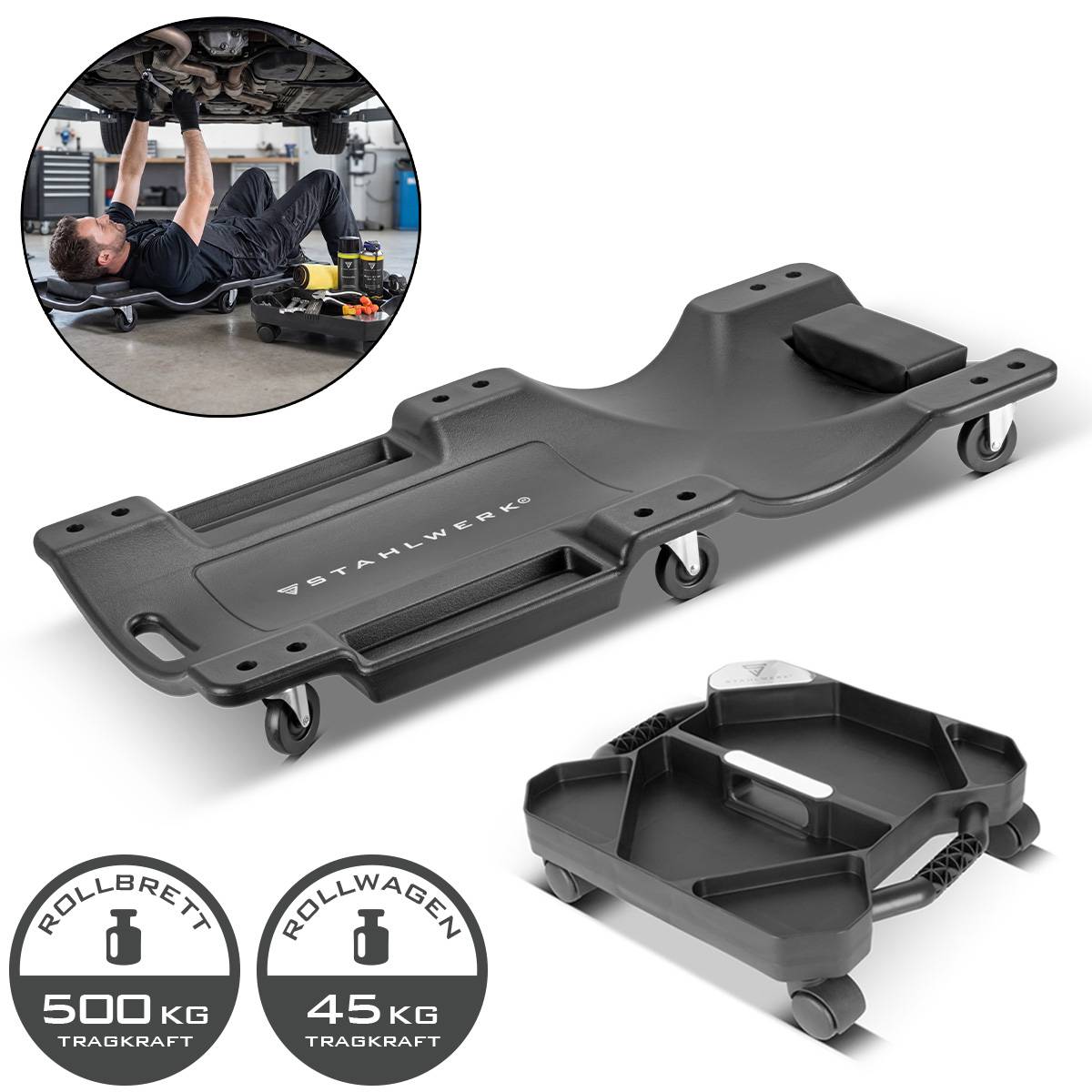 STAHLWERK Kfz Rollbrett Montageliege 500 kg Werkzeug Organizer 5 Fächer 45 kg
