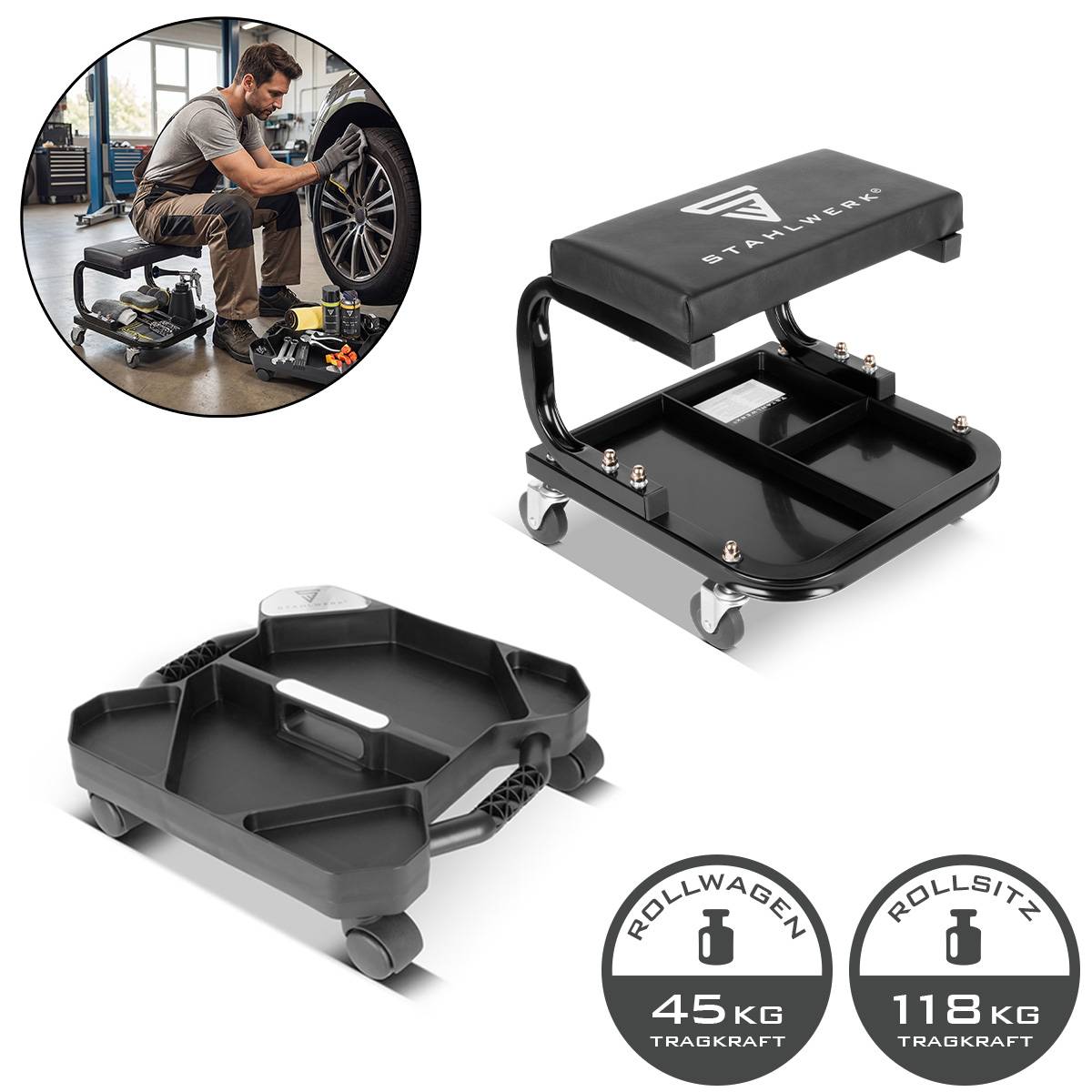 STAHLWERK Werkstatthocker 118 kg mobiler Werkzeug Organizer mit 5 Fächern 45 kg