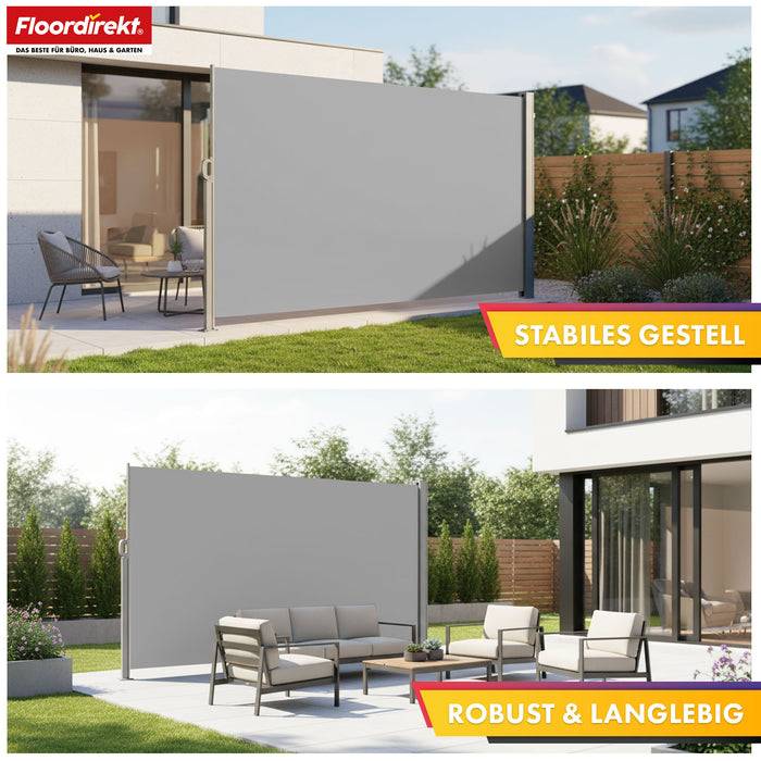 FLOORDIREKT Alu-Seitenmarkise – Sicht- & Sonnenschutz für Balkon oder Terrasse – UV-beständig & wasserabweisend – Hellgrau – 160 × 350 cm