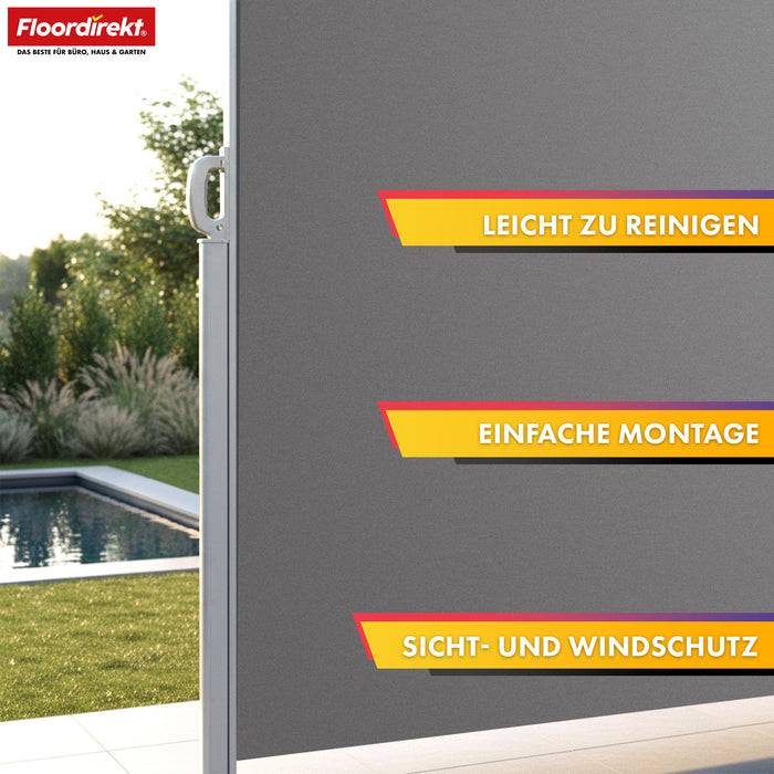 FLOORDIREKT Alu-Seitenmarkise – Sicht- & Sonnenschutz für Balkon oder Terrasse – UV-beständig & wasserabweisend – Hellgrau – 180 × 350 cm