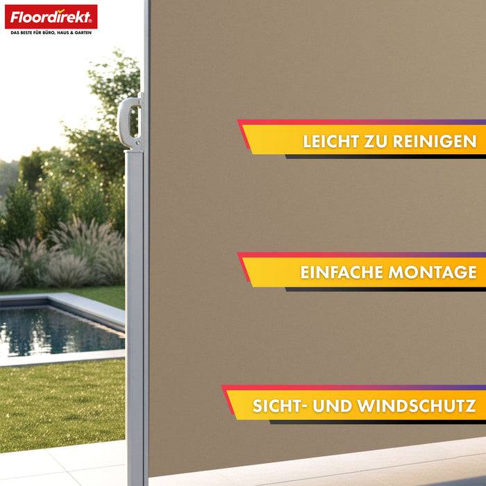 FLOORDIREKT Alu-Seitenmarkise – Sicht- & Sonnenschutz für Balkon oder Terrasse – UV-beständig & wasserabweisend – Beige – 200 × 350 cm