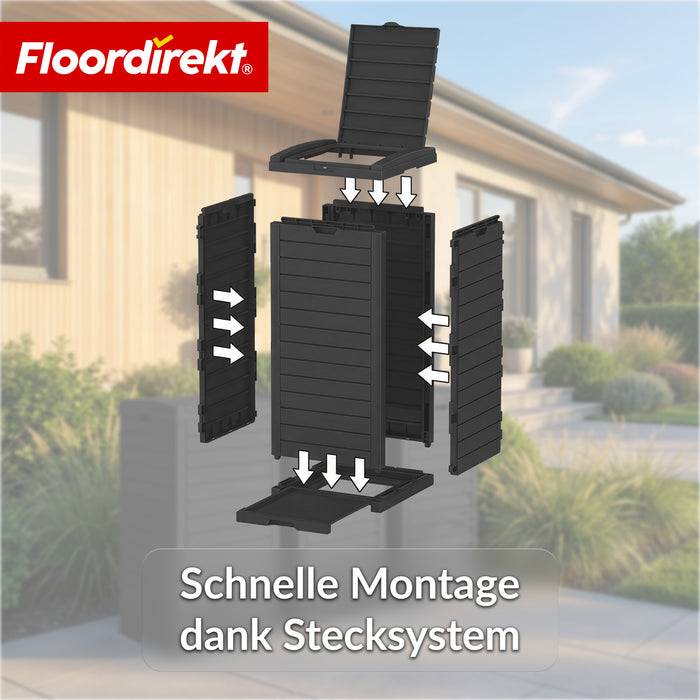 FLOORDIREKT Mülleimer in Holz-Optik - Wetterfester Müllbehälter für Garten & Terrasse - Anthrazit - 118 L
