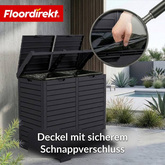 FLOORDIREKT Mülleimer in Holz-Optik - Wetterfester Müllbehälter für Garten & Terrasse - Anthrazit - 230 L