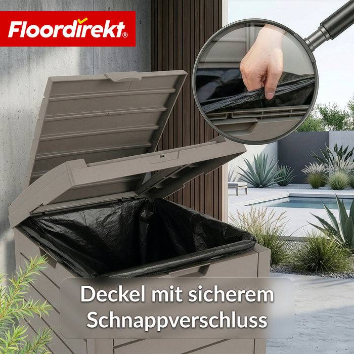 FLOORDIREKT Mülleimer in Holz-Optik - Wetterfester Müllbehälter für Garten & Terrasse - Braun - 118 L