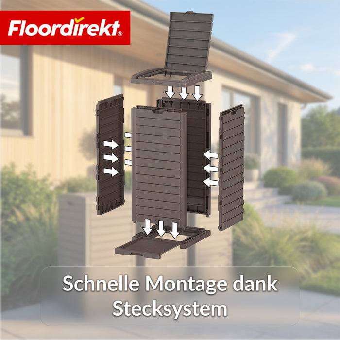 FLOORDIREKT Mülleimer in Holz-Optik - Wetterfester Müllbehälter für Garten & Terrasse - Braun - 118 L