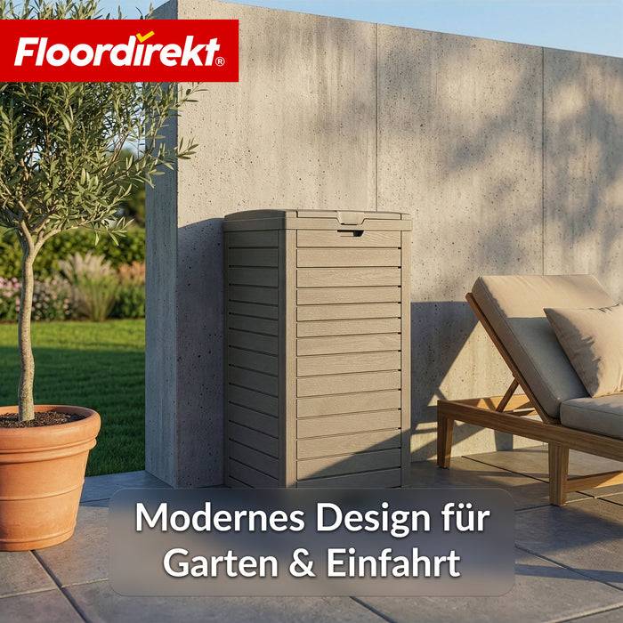 FLOORDIREKT Mülleimer in Holz-Optik - Wetterfester Müllbehälter für Garten & Terrasse - Braun - 118 L