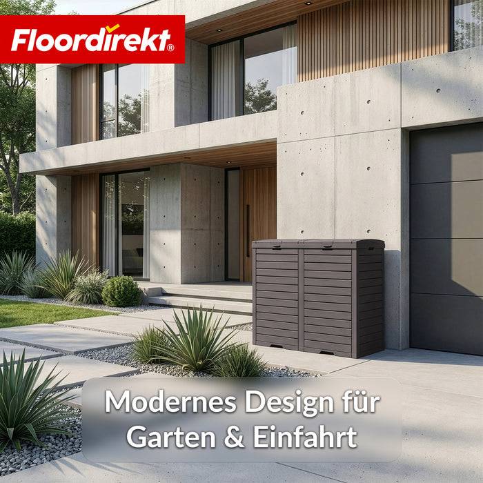 FLOORDIREKT Mülleimer in Holz-Optik - Wetterfester Müllbehälter für Garten & Terrasse - Braun - 230 L