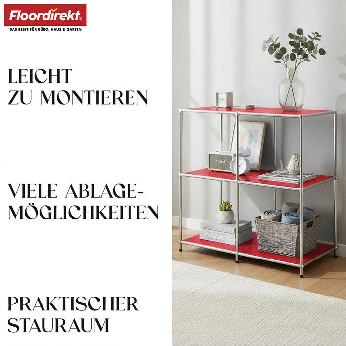 FLOORDIREKT Metallregal Concept Epure MK-027 - Offenes 3-stöckiges Sideboard & Ablageregal - Vielseitig einsetzbar - Rot