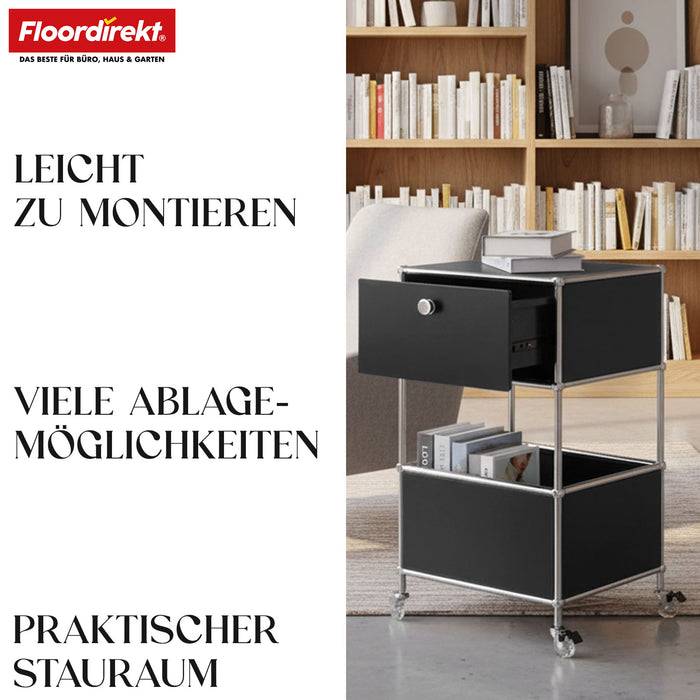 FLOORDIREKT Metallregal Concept Epure MK-145 - Beistell- & Aufbewahrungsregal mit Schublade - Mit Rollen - Schwarz