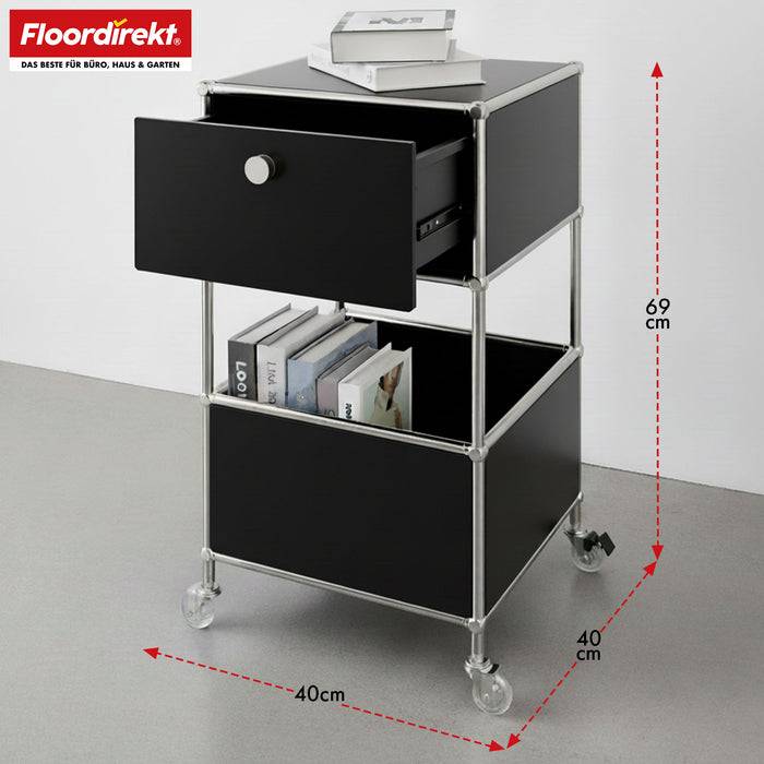FLOORDIREKT Metallregal Concept Epure MK-145 - Beistell- & Aufbewahrungsregal mit Schublade - Mit Rollen - Schwarz