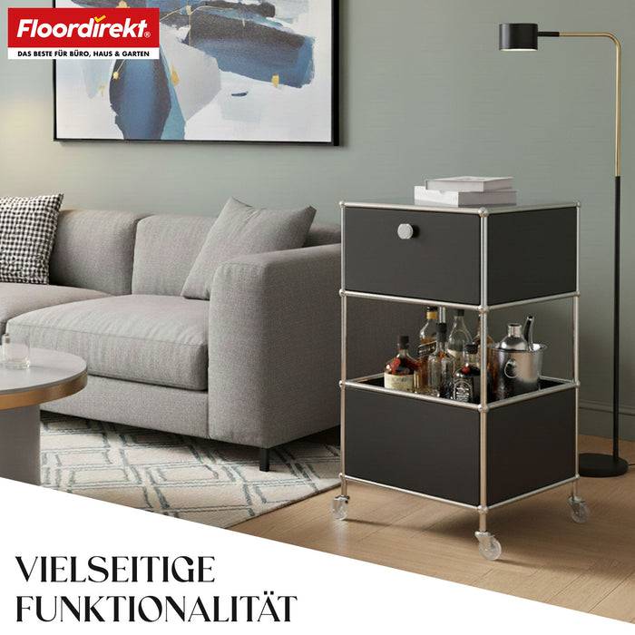 FLOORDIREKT Metallregal Concept Epure MK-145 - Beistell- & Aufbewahrungsregal mit Schublade - Mit Rollen - Schwarz
