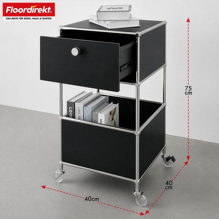FLOORDIREKT Metallregal Concept Epure MK-145 - Beistell- & Aufbewahrungsregal mit Schublade - Mit Rollen - Schwarz