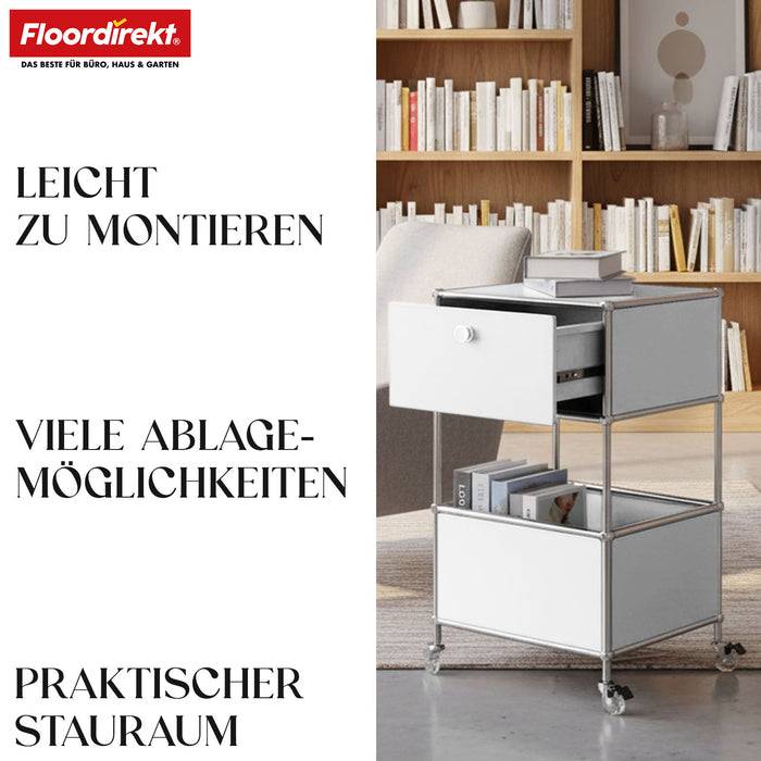 FLOORDIREKT Metallregal Concept Epure MK-145 - Beistell- & Aufbewahrungsregal mit Schublade - Mit Rollen - Weiß