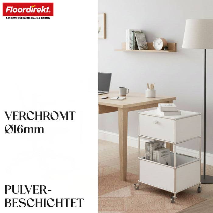 FLOORDIREKT Metallregal Concept Epure MK-145 - Beistell- & Aufbewahrungsregal mit Schublade - Mit Rollen - Weiß