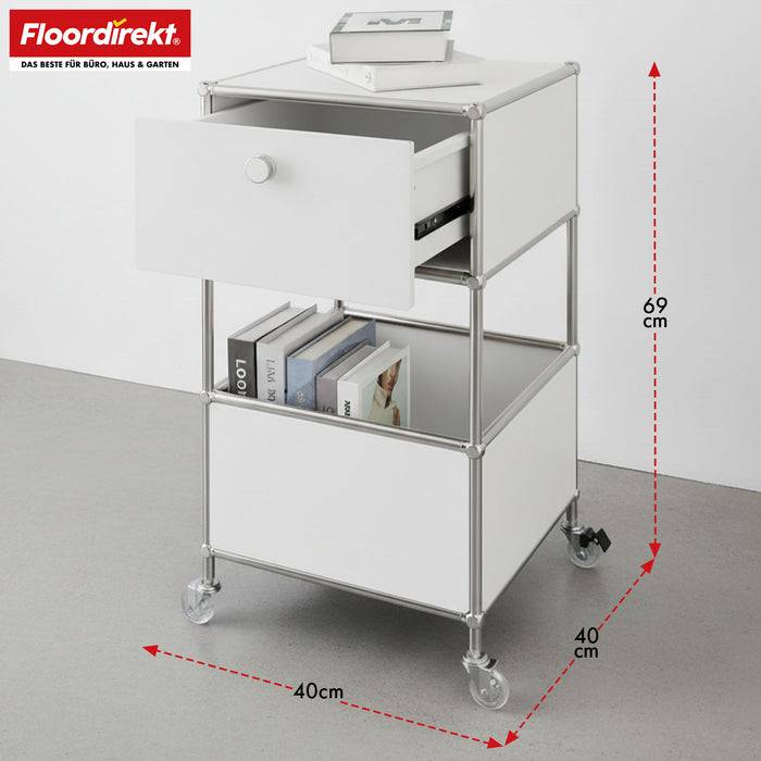 FLOORDIREKT Metallregal Concept Epure MK-145 - Beistell- & Aufbewahrungsregal mit Schublade - Mit Rollen - Weiß