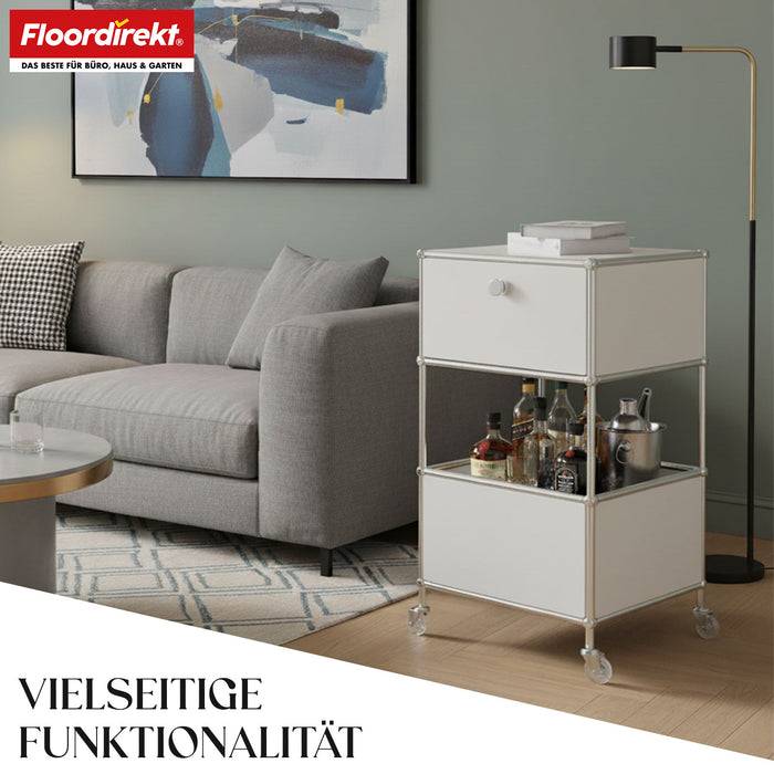 FLOORDIREKT Metallregal Concept Epure MK-145 - Beistell- & Aufbewahrungsregal mit Schublade - Mit Rollen - Weiß